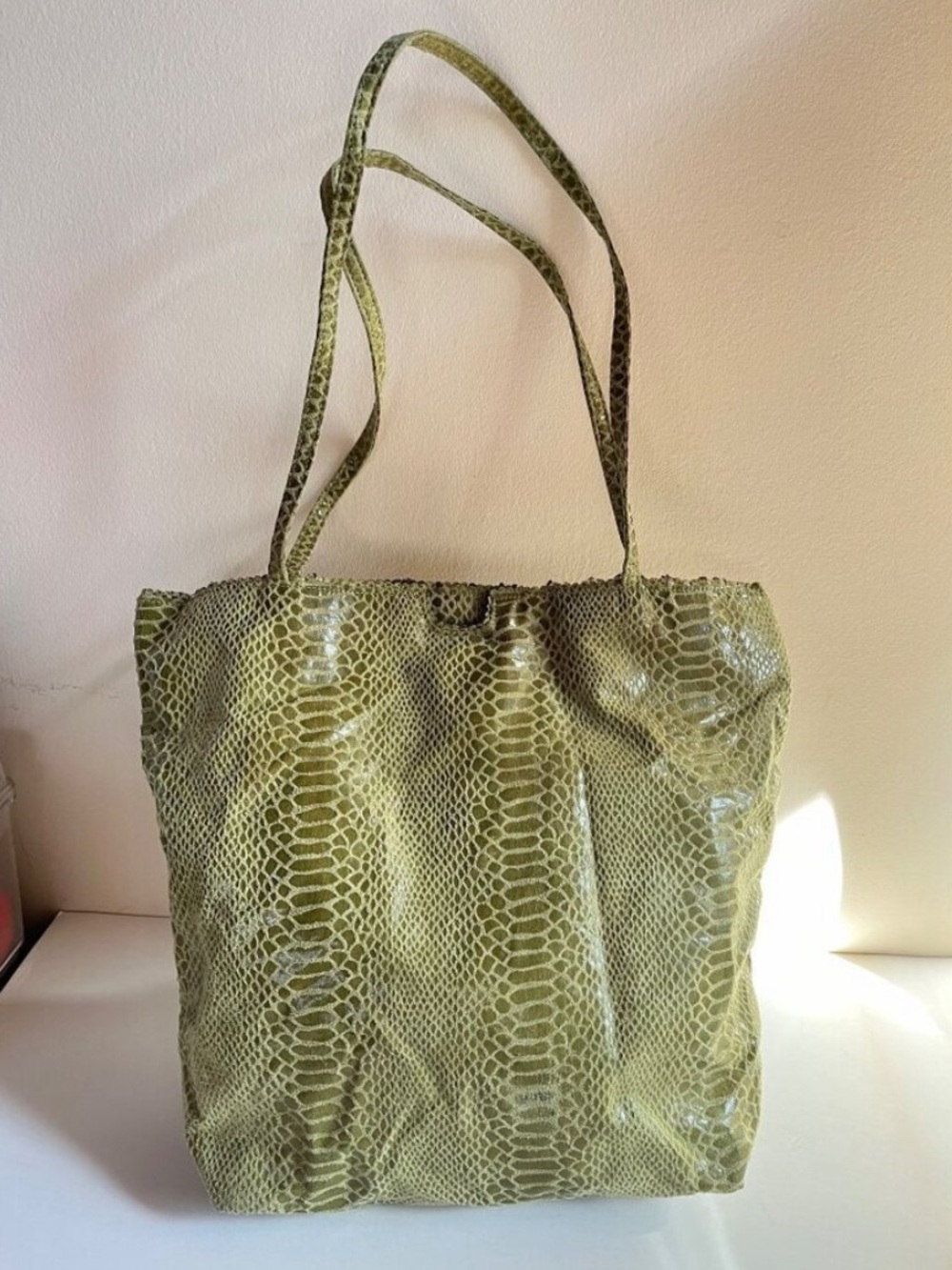 Carlos Falchi Snake Python Leather Tote Bag Chartreuse Luxury Y2K 90s Edgy Green